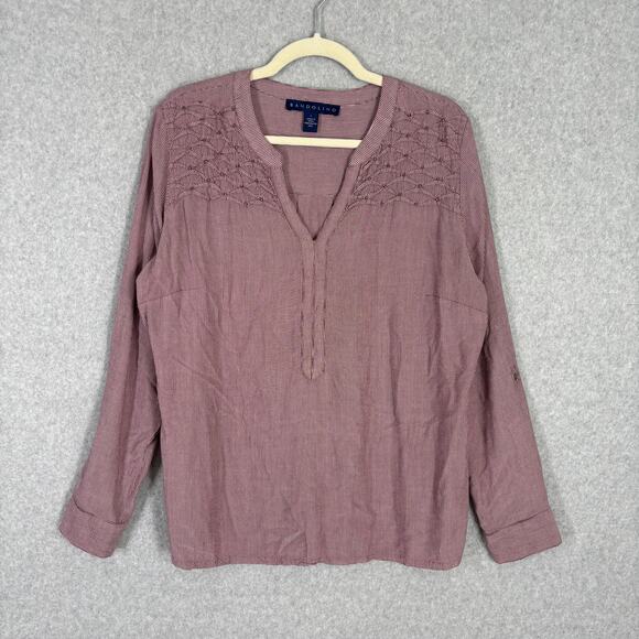 Bandolino Blouse Womens Large Pink Striped Beaded Popover Tunic Long Sleeve - Picture 1 of 11